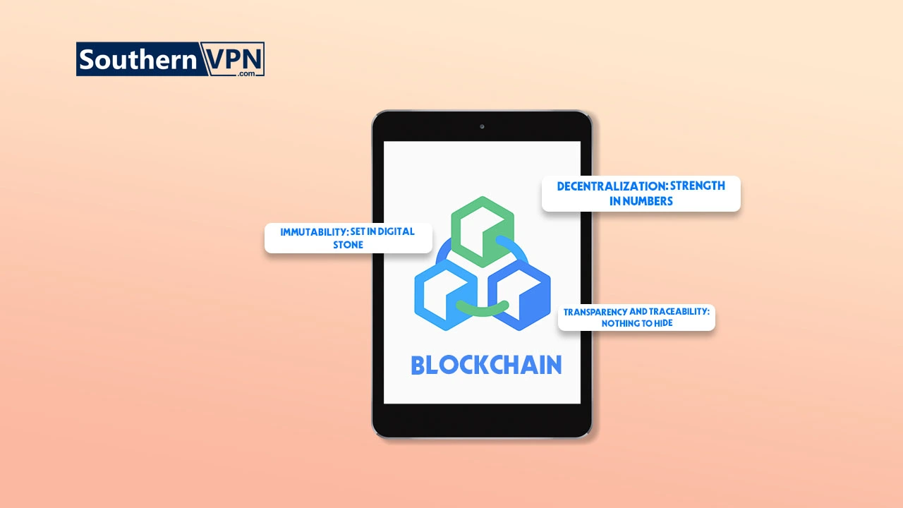 Blockchain in cybersecurity: Tablet showing blockchain logo with key features: decentralization, immutability, transparency, and traceability. SouthernVPN logo at the top.