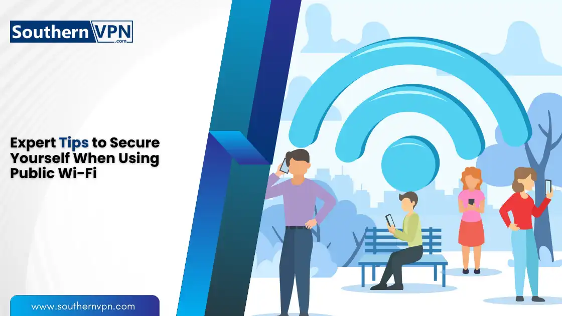 Risks of public WiFi: people using devices outdoors with large Wi-Fi symbol, illustrating expert tips for secure usage.