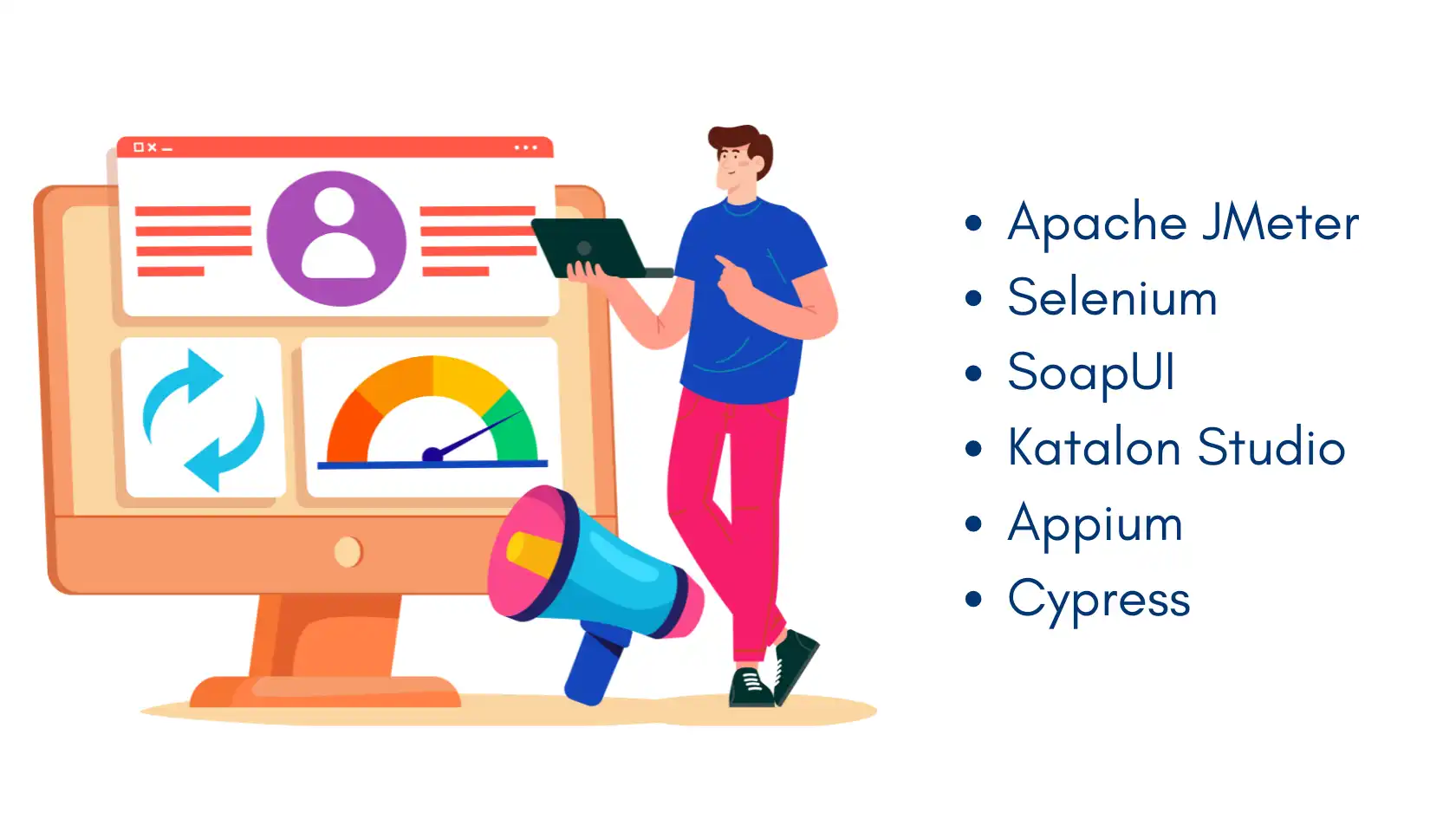 Man analyzing automation testing tools like Selenium and Apache JMeter on a dashboard with performance metrics and data visualization.