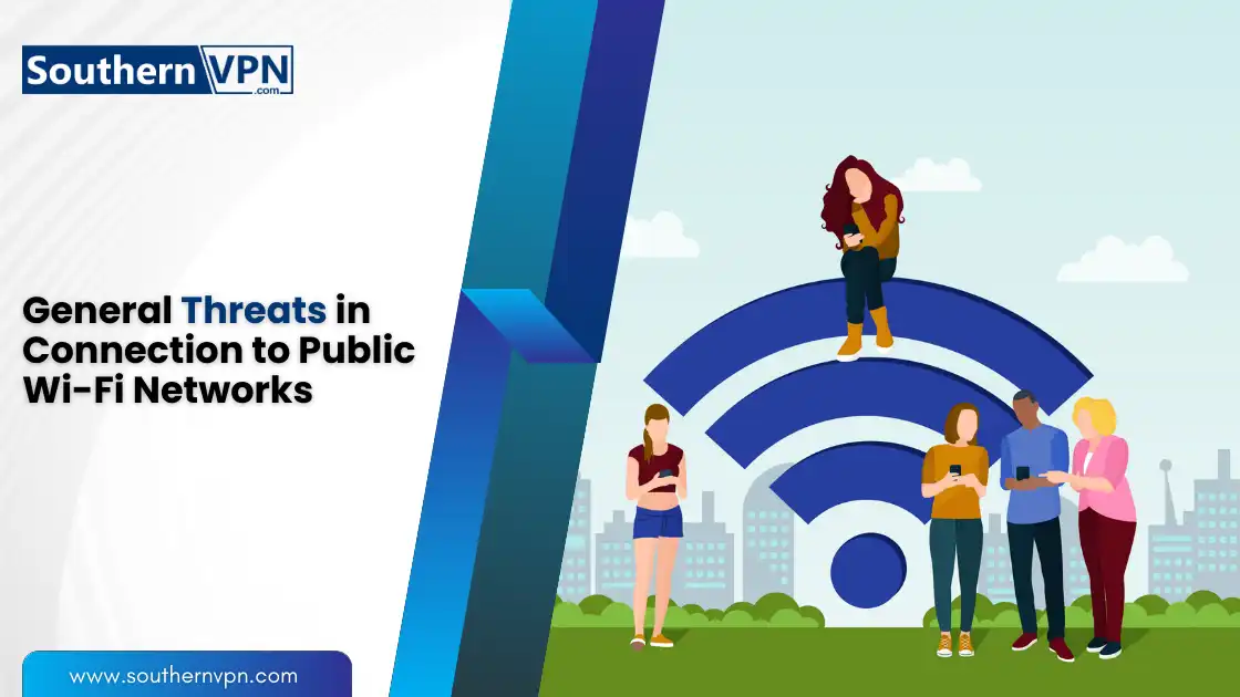 Risks of public WiFi: people using phones on large Wi-Fi symbol, emphasizing general threats of public wireless networks.