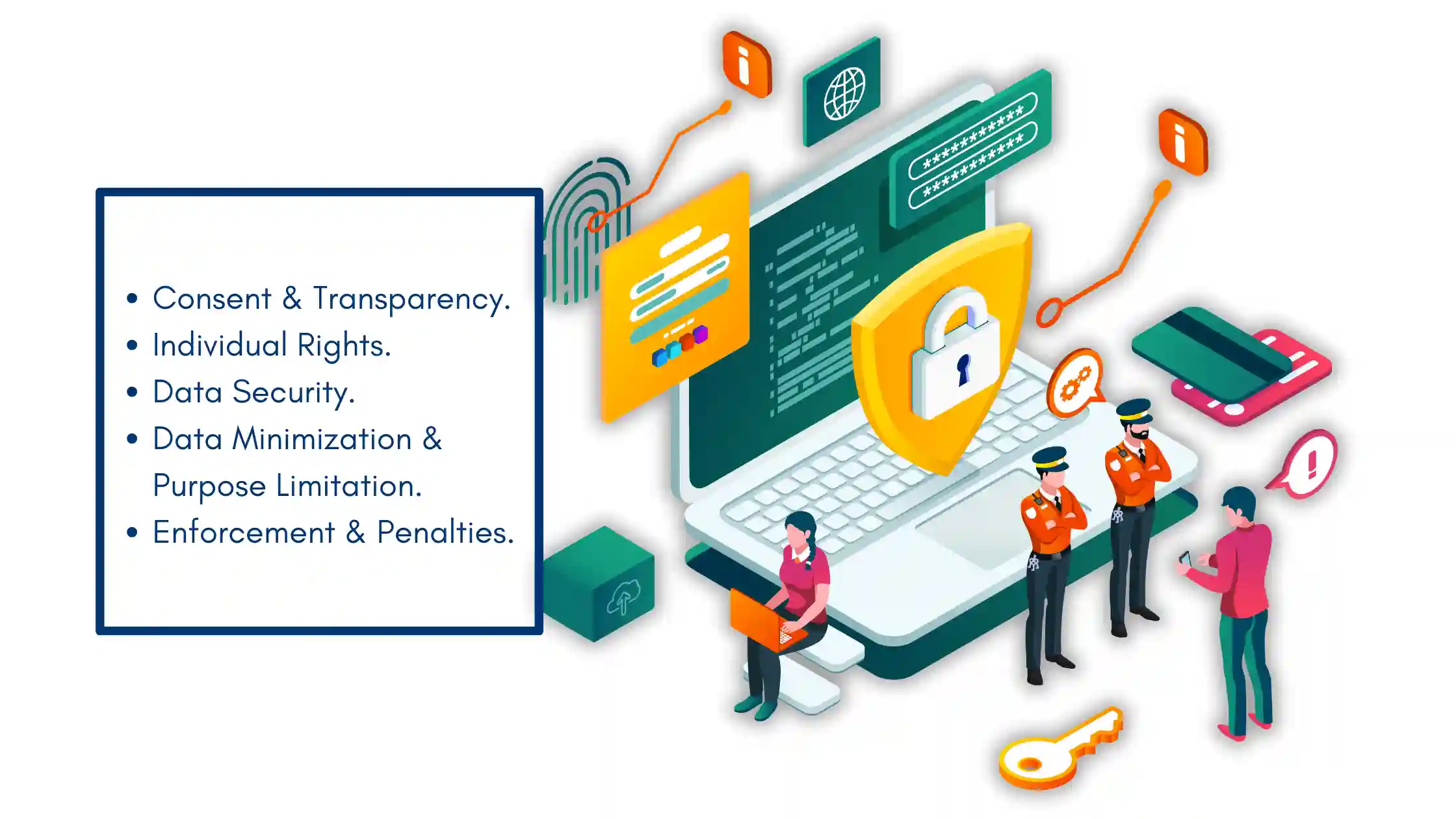 Graphic illustrating data privacy protection principles like consent, transparency, and security, with police, laptop, and lock representing Internet Privacy Laws.