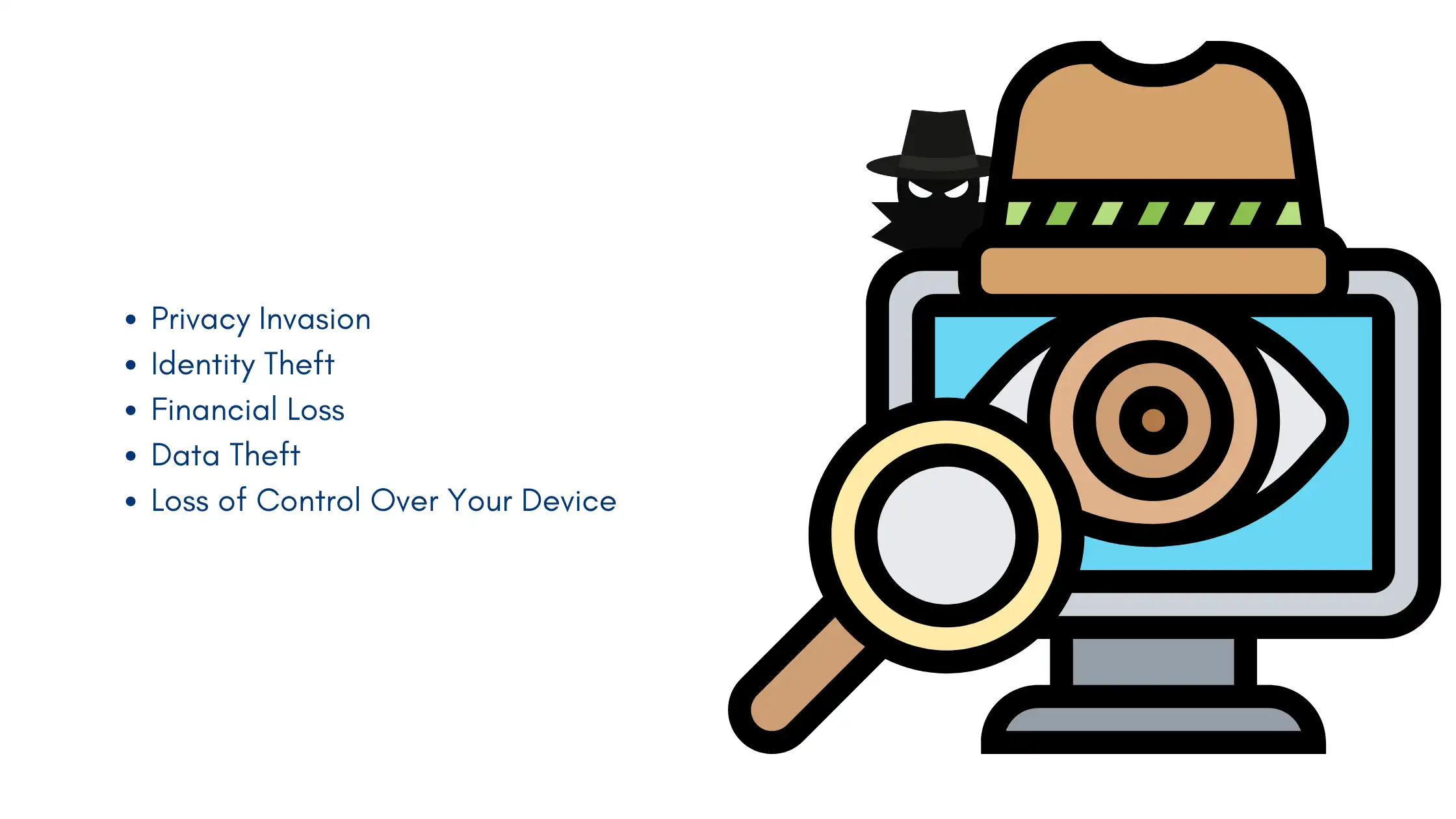 Illustration of spyware on a computer, magnifying glass focusing on data, highlighting risks like privacy invasion and identity theft.