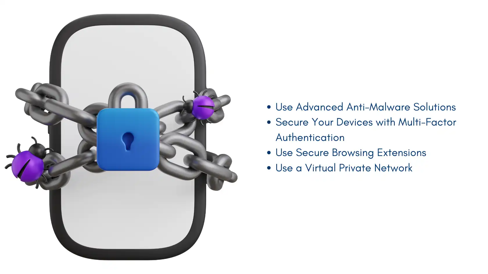 Smartphone locked with chains and padlock, surrounded by malware icons, emphasizing tips to protect against spyware attacks.