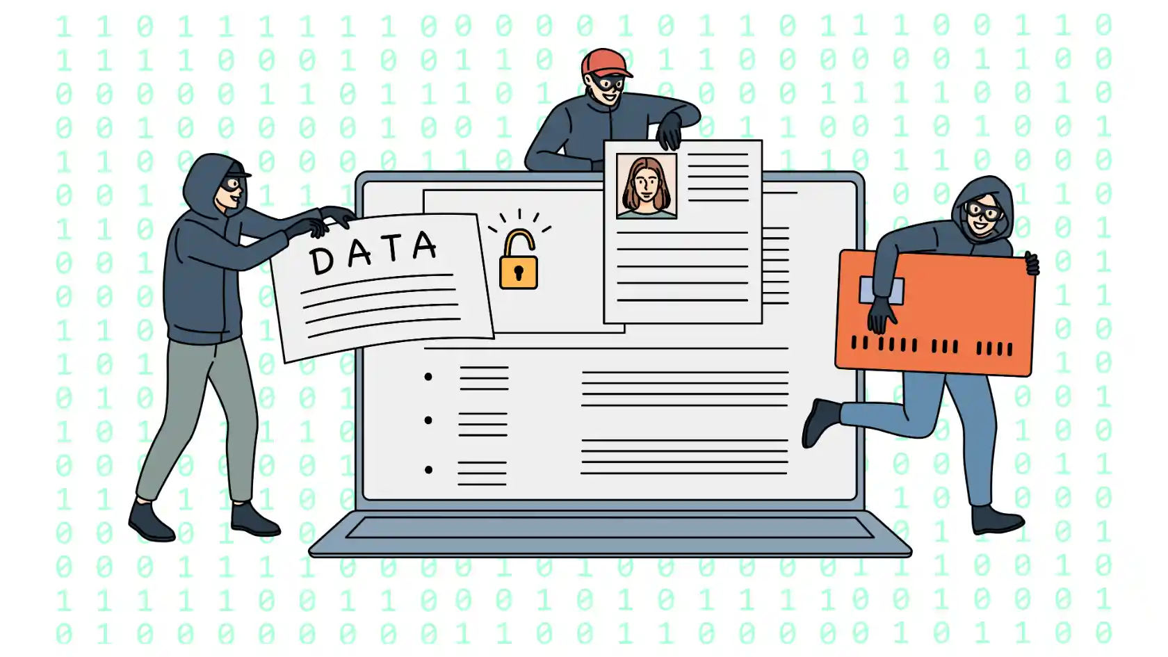 Illustration of hackers stealing data from a computer to emphasize the need to protect your data from hackers and secure information.