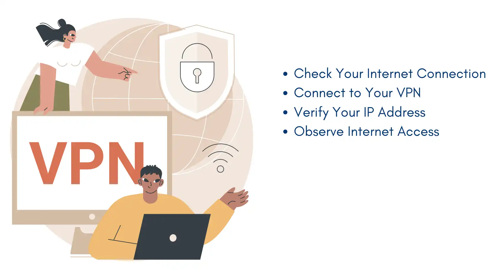 Illustration of people testing a VPN connection with a checklist, explaining steps to verify a VPN kill switch functionality.