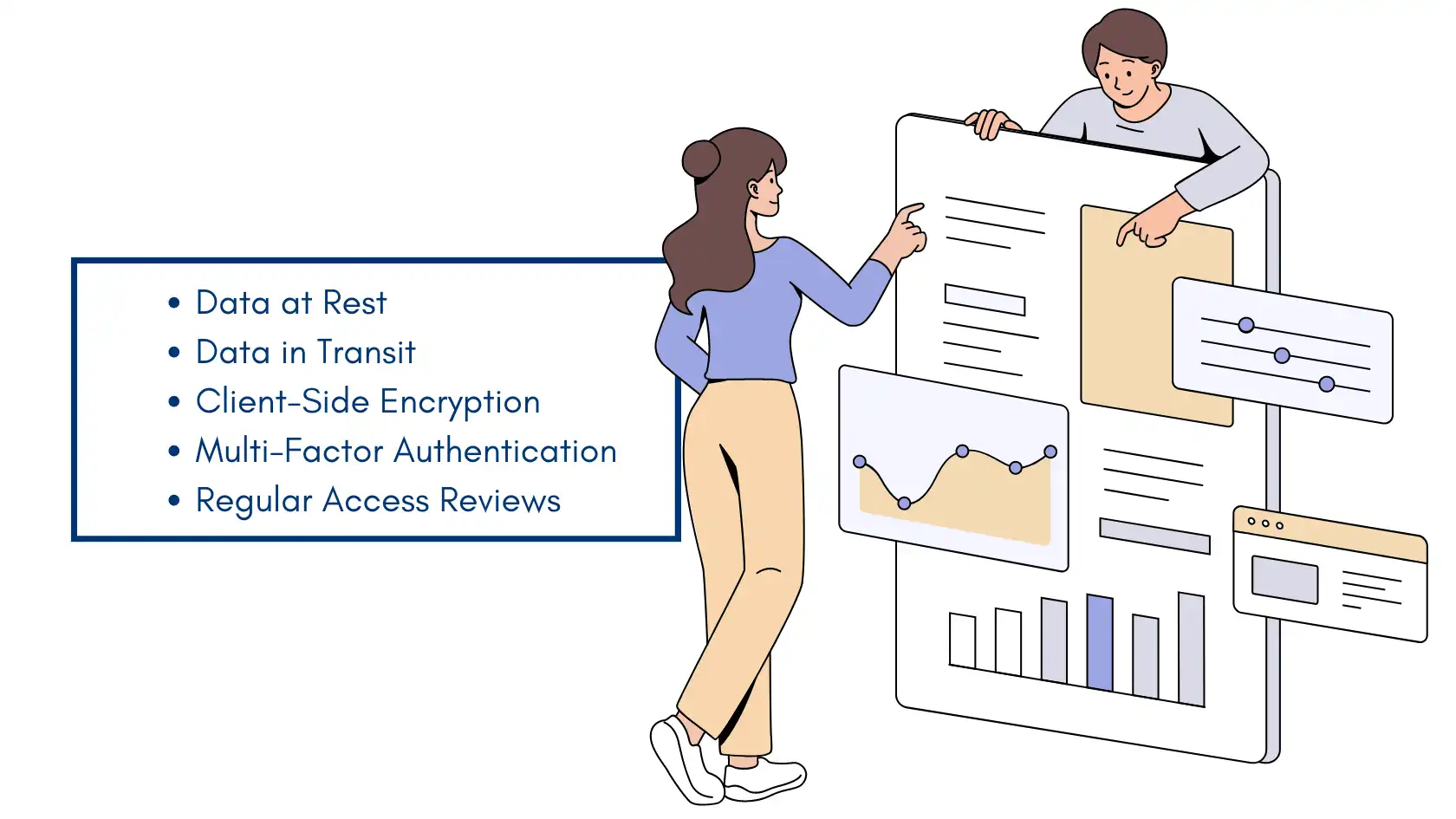 Illustration of two people reviewing security measures like encryption and multi-factor authentication, emphasizing cloud data protection best practices.