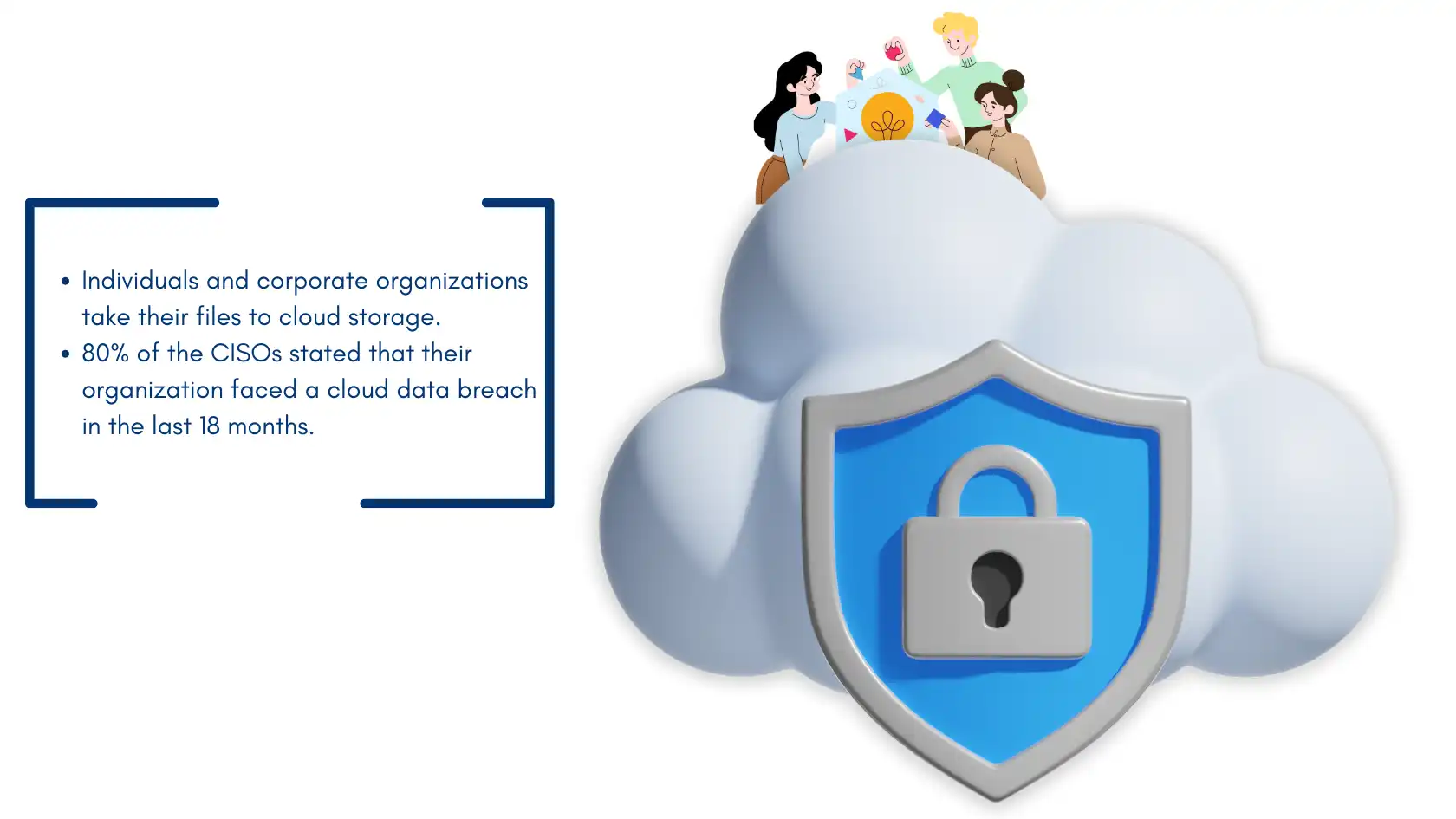 Cloud data protection illustration with a shield and padlock, highlighting the importance of safeguarding cloud storage against breaches.