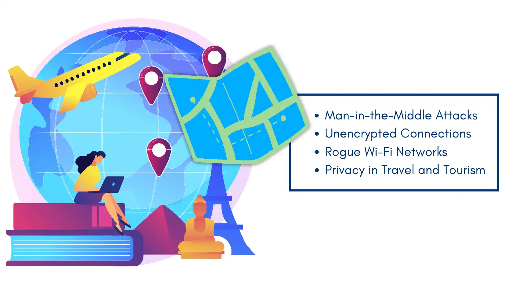 Illustration of travel security risks with a globe, airplane, and laptop, highlighting the importance of the best VPNs for travel.