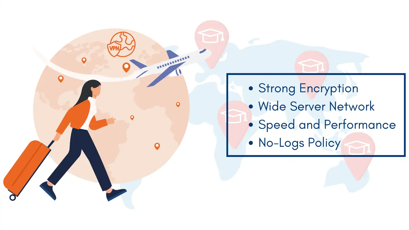 Illustration of a traveler with suitcase, airplane, and globe highlighting key features of the best VPNs for travel.