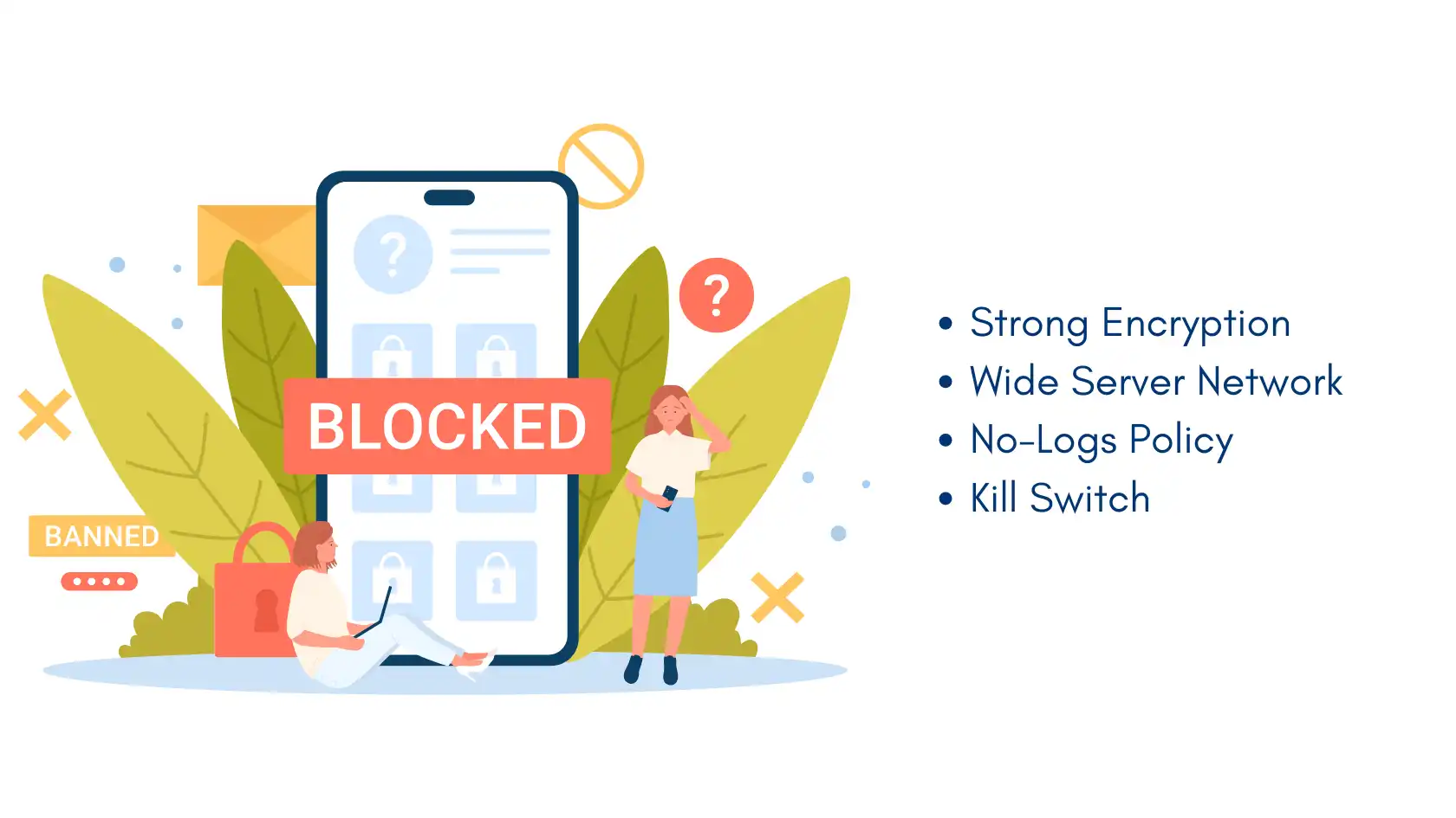 Blocked content on a smartphone with key VPN features listed, including strong encryption and no-logs policy. Bypass censorship with a VPN.