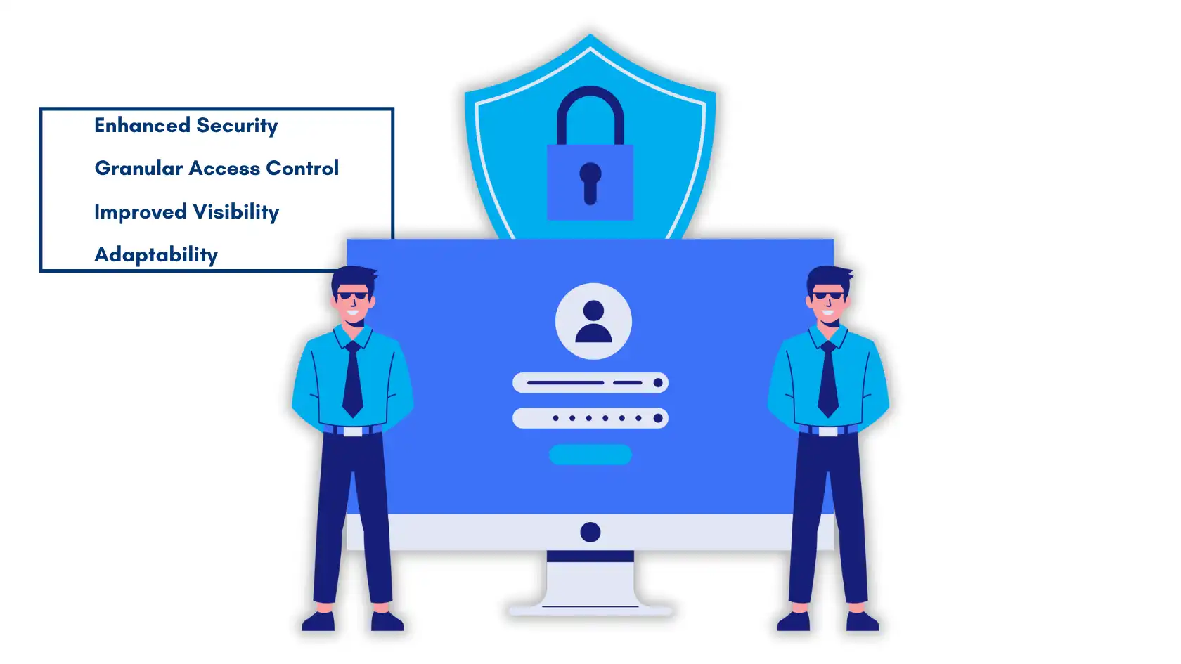 Illustration highlighting enhanced security, access control, visibility, and adaptability in cybersecurity during digital transformation with security guards.