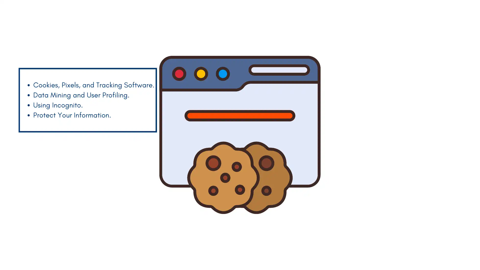 Illustration of cookies and browser window, emphasizing data protection and how to protect social media privacy using incognito mode.