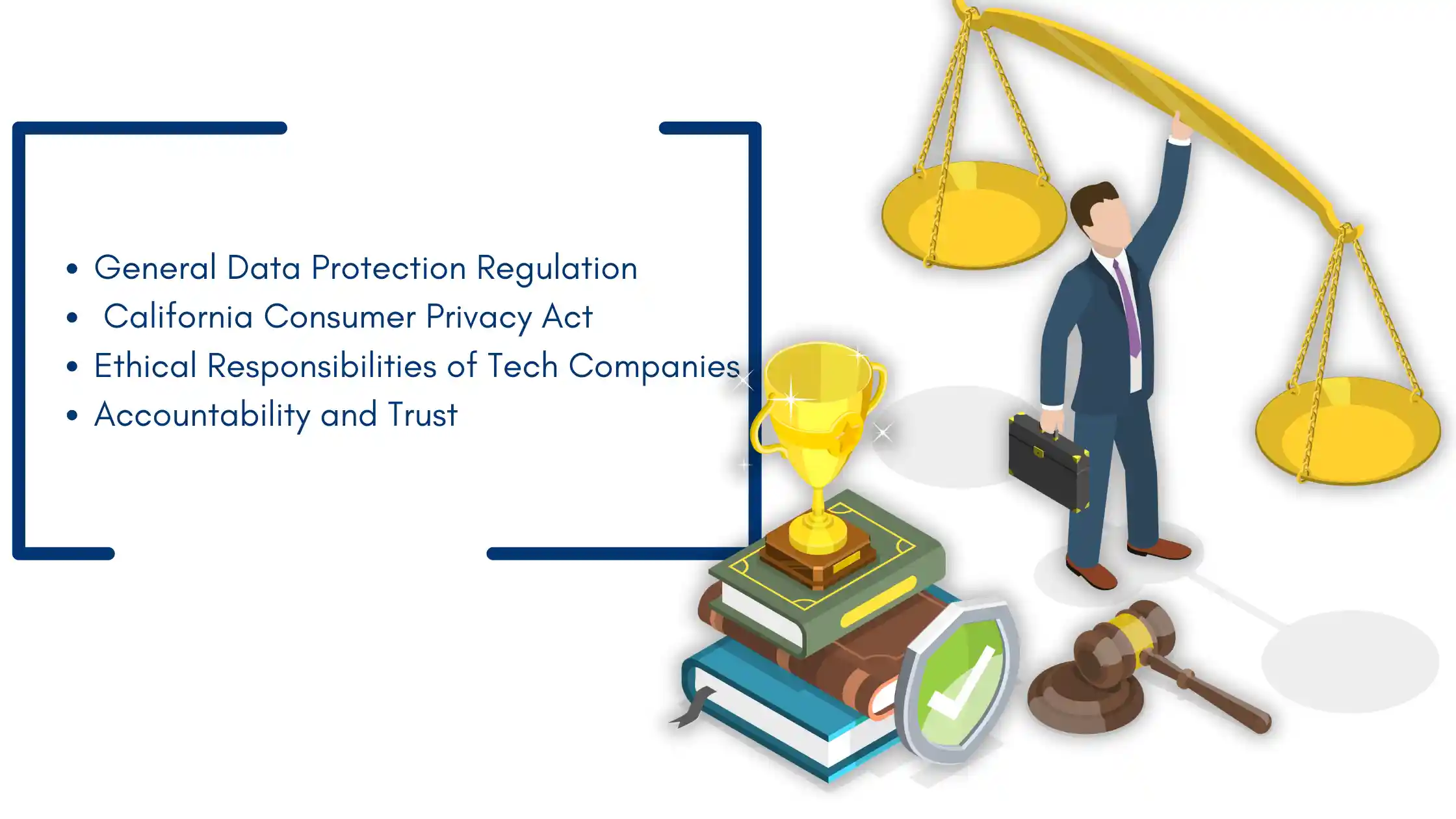 Legal and ethical considerations for Privacy Issues With Technology, featuring GDPR, CCPA, tech accountability, and trust.