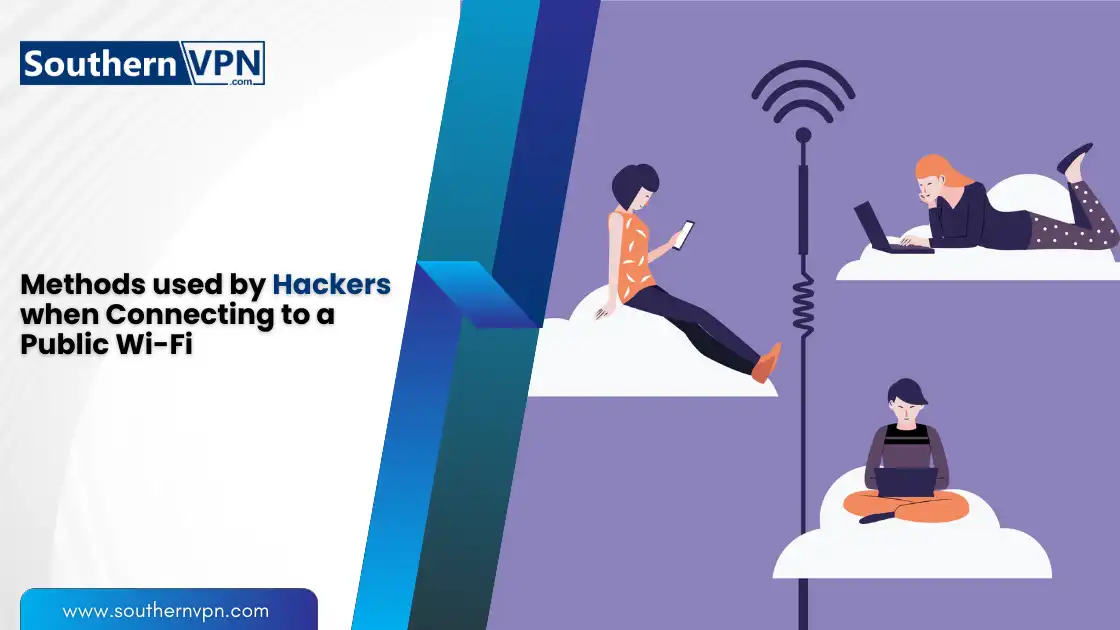 Risks of public WiFi: illustration of people using devices on clouds connected to Wi-Fi, depicting hacker methods on public networks.