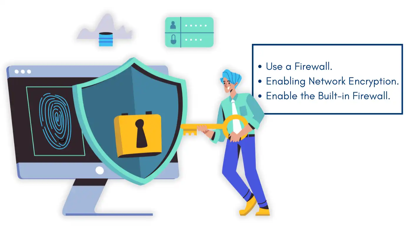 Graphic highlighting network security measures with a firewall, encryption, and user holding key. Primary focus: Secure Your Home Network.