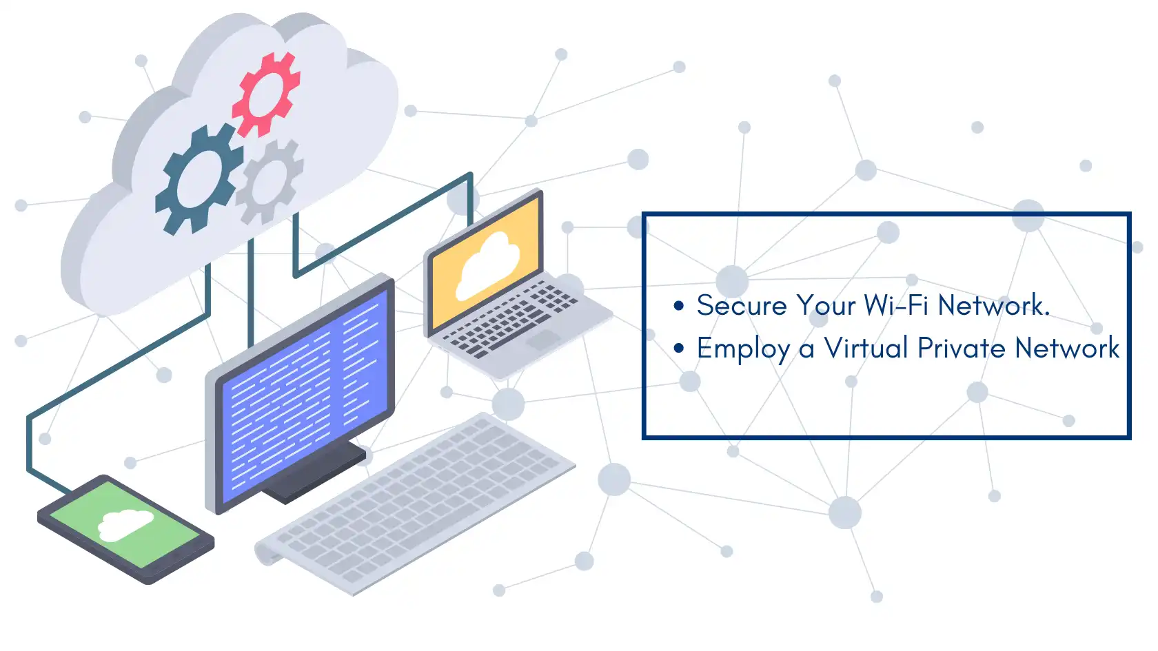 Illustration of network security with cloud and devices, emphasizing secure your smart home by securing Wi-Fi and using VPN.