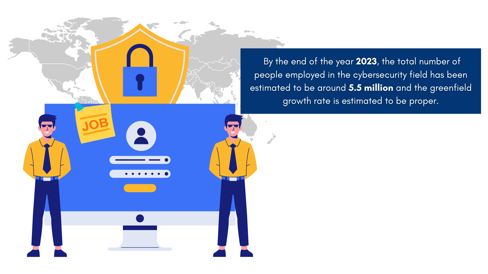 Illustration showing future of cybersecurity careers, highlighting job growth in 2023 with an estimated 5.5 million cybersecurity professionals worldwide.