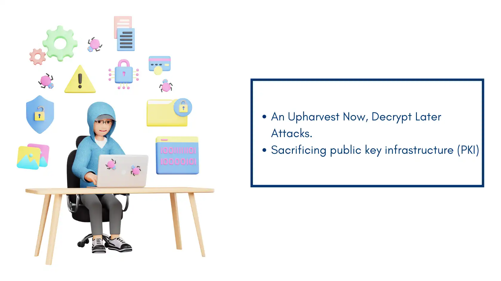 Illustration of a hacker at a desk with cybersecurity icons, highlighting the quantum computing threat to public key infrastructure.