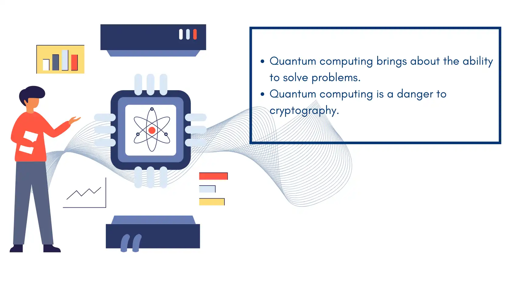 Illustration of quantum computing with a chip, highlighting its potential to solve problems and its threat to cryptography.