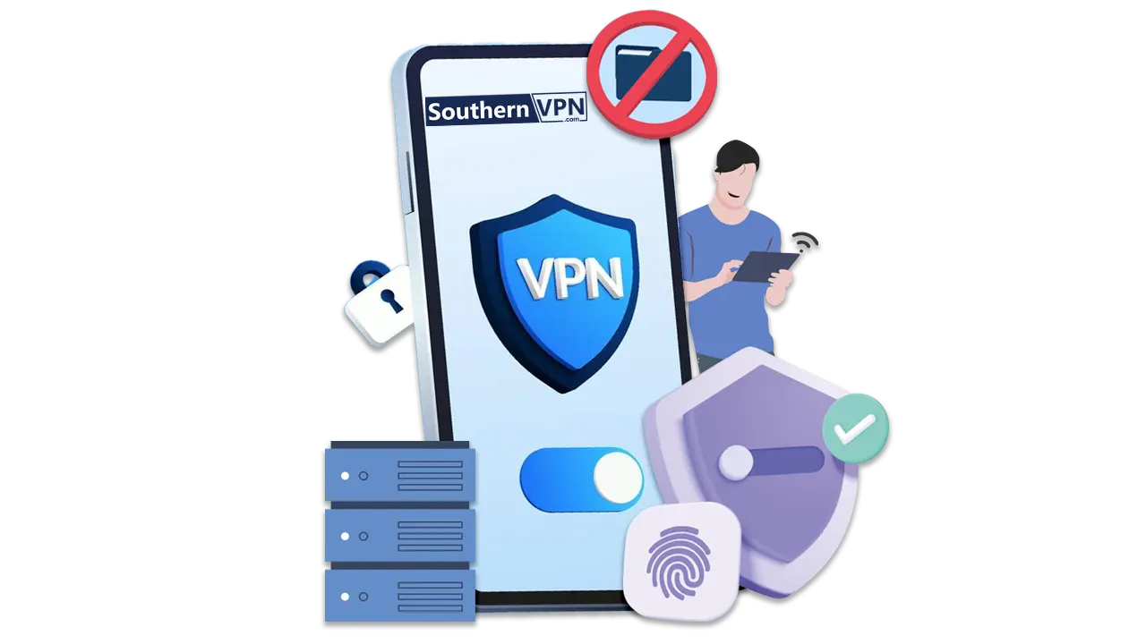 Illustration of a smartphone displaying SouthernVPN with security icons, privacy protection, and a user browsing securely. VPN review highlights.