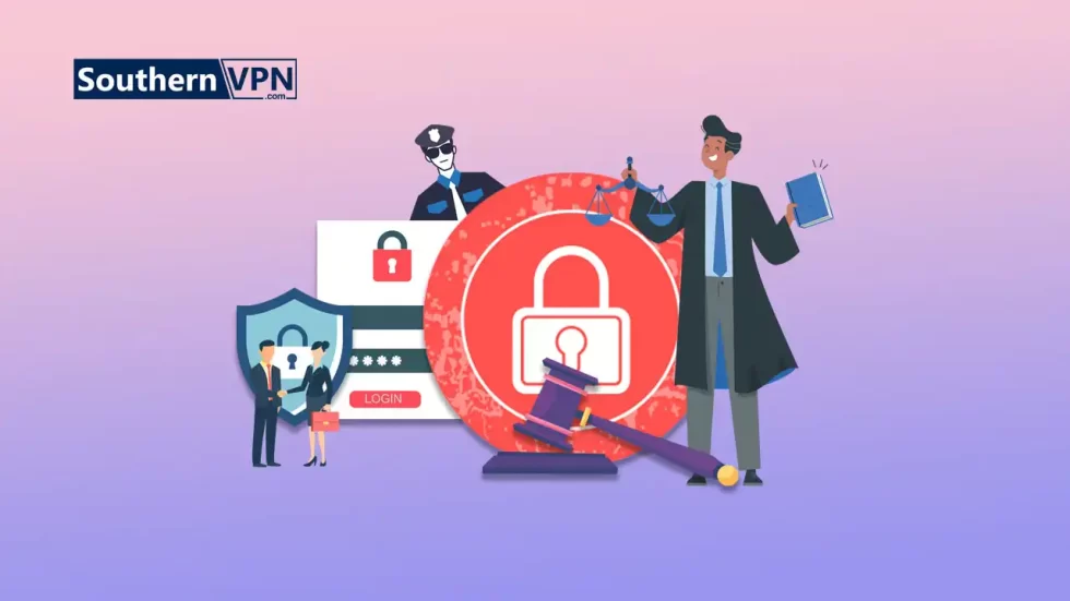 Illustration of a judge, a police officer, and security symbols emphasizing the role of Internet privacy laws in data protection.