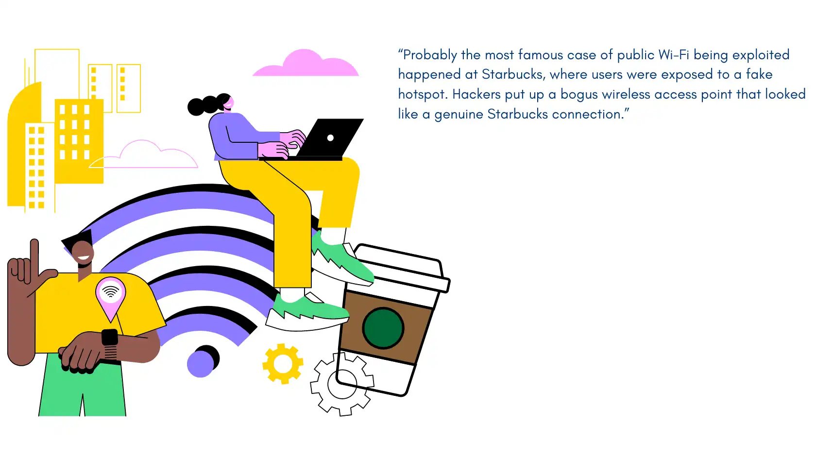 Illustration showing a person using public Wi-Fi, referencing a Starbucks case of fake hotspots. Tips for public Wi-Fi safety.