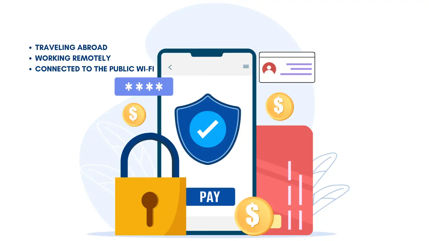 Secure online banking with VPN while traveling abroad, working remotely, or connected to public Wi-Fi for enhanced security.