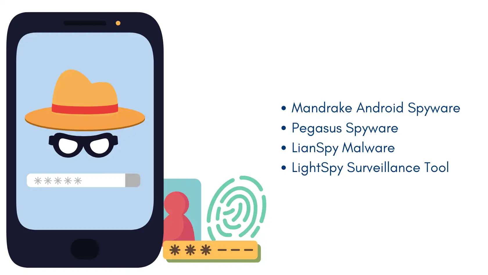 Smartphone displaying a spy figure with a password bar, highlighting recent spyware attacks. Primary keyword: Protect Against Spyware.