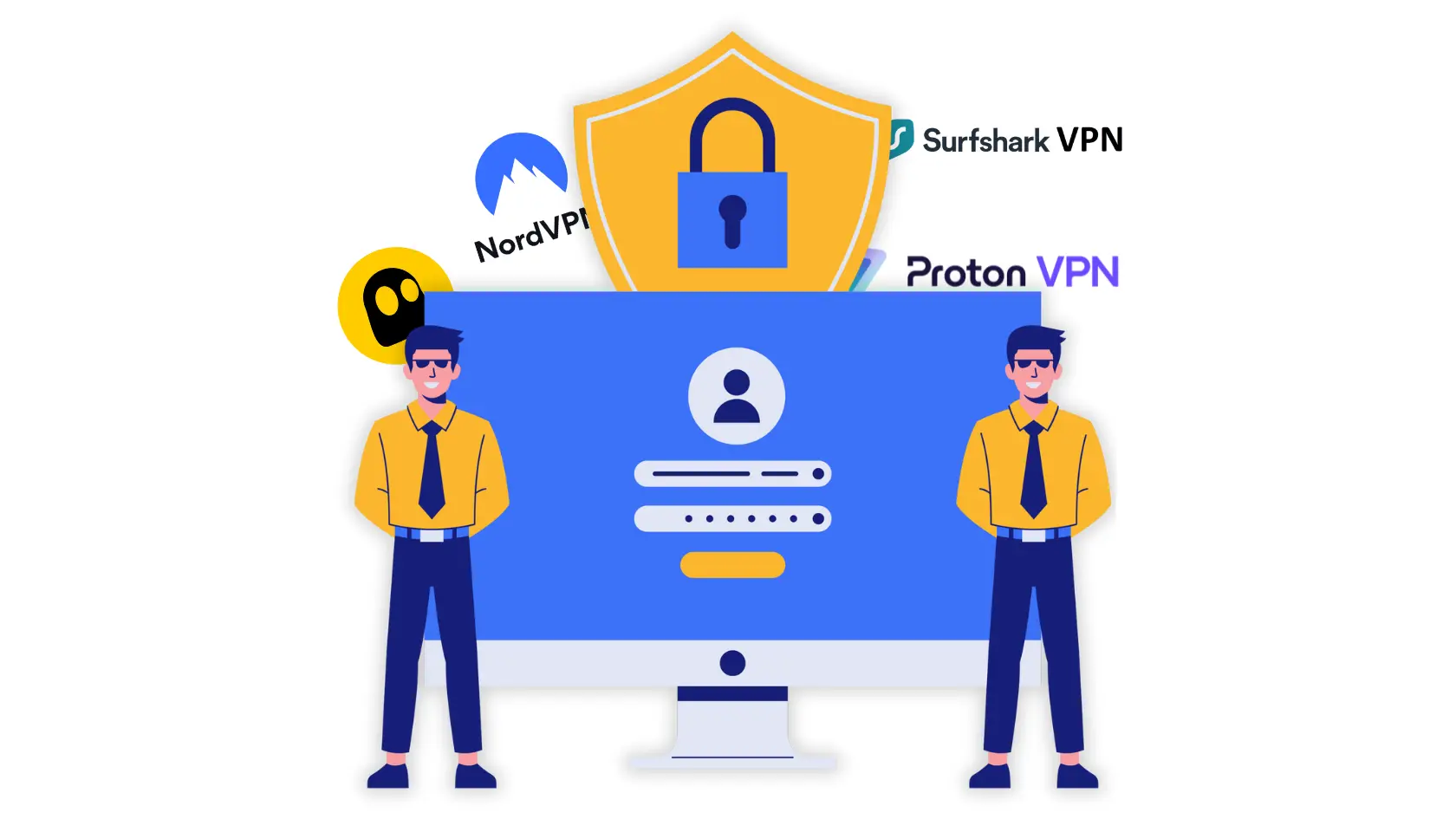 Secure login illustration with two guards, a lock, and VPN logos to highlight how to protect your data from hackers.