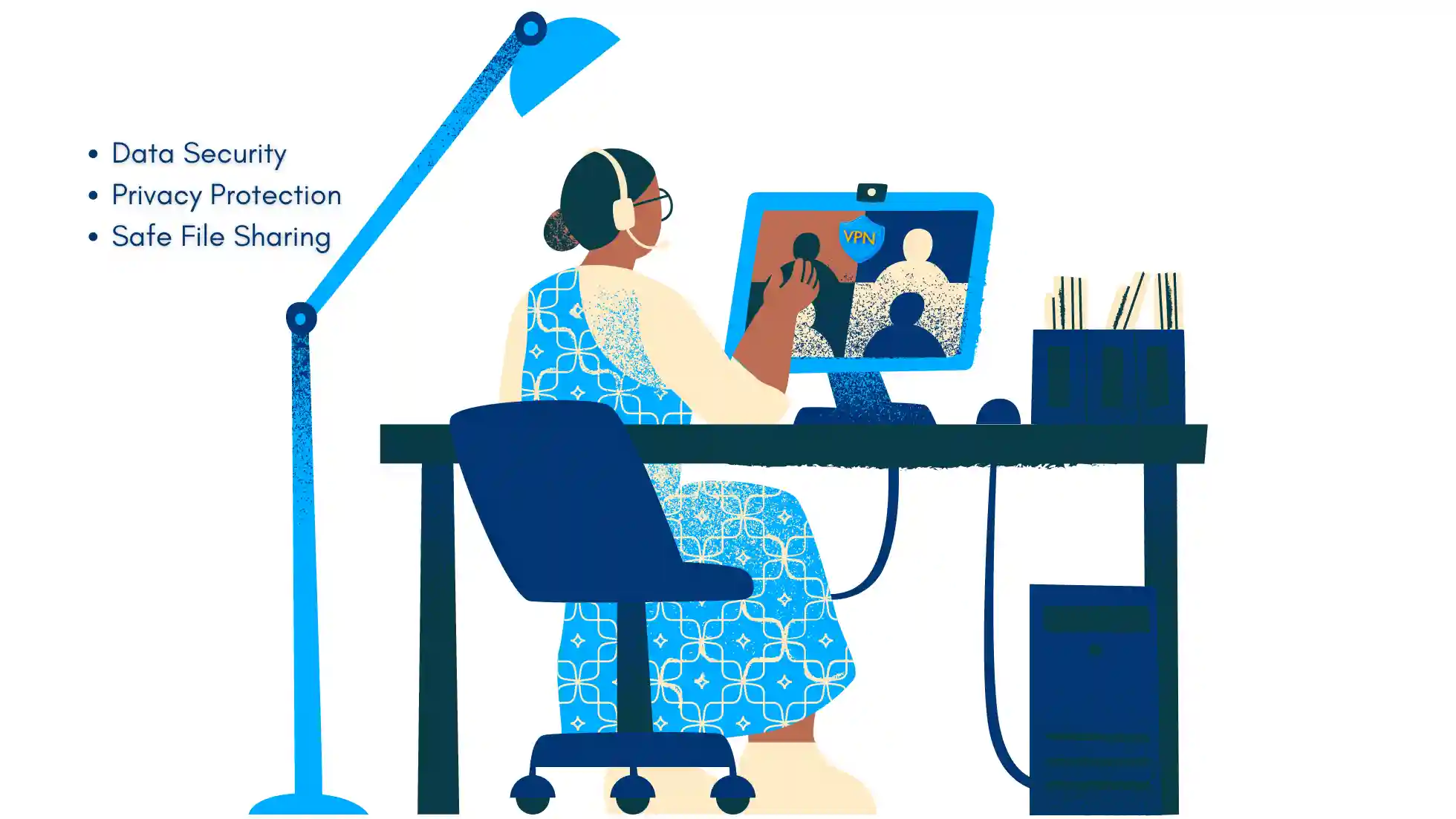 Illustration of a person on a video call, emphasizing VPN for remote work benefits: data security, privacy protection, and safe file sharing.