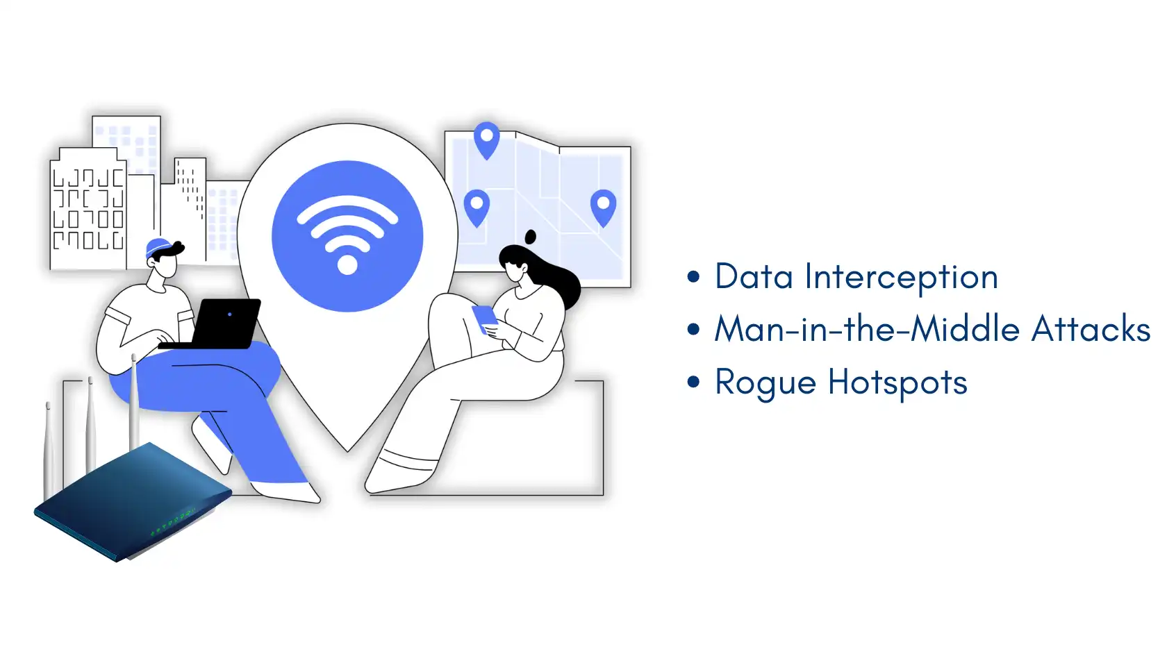 Illustration of people using public Wi-Fi with highlighted risks: data interception, man-in-the-middle attacks, and rogue hotspots. Tips for public Wi-Fi safety.