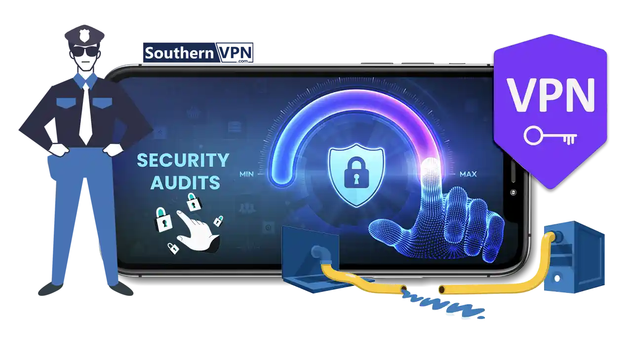 SouthernVPN security audits showcased on a smartphone screen, with police officer illustration ensuring maximum protection. Comprehensive VPN review highlights.