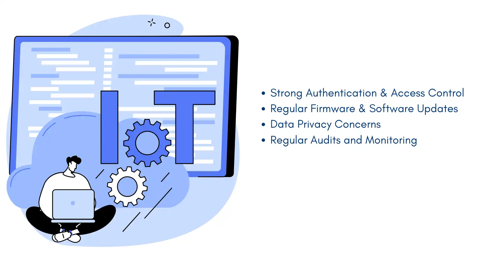 Cybersecurity in IoT visual with security tips including strong authentication, firmware updates, privacy concerns, and regular audits for protection.