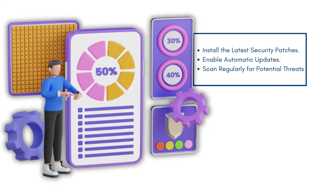 Illustration showing software and device updates with security tips. Emphasizing updates for protection. Secure Your Home Network.