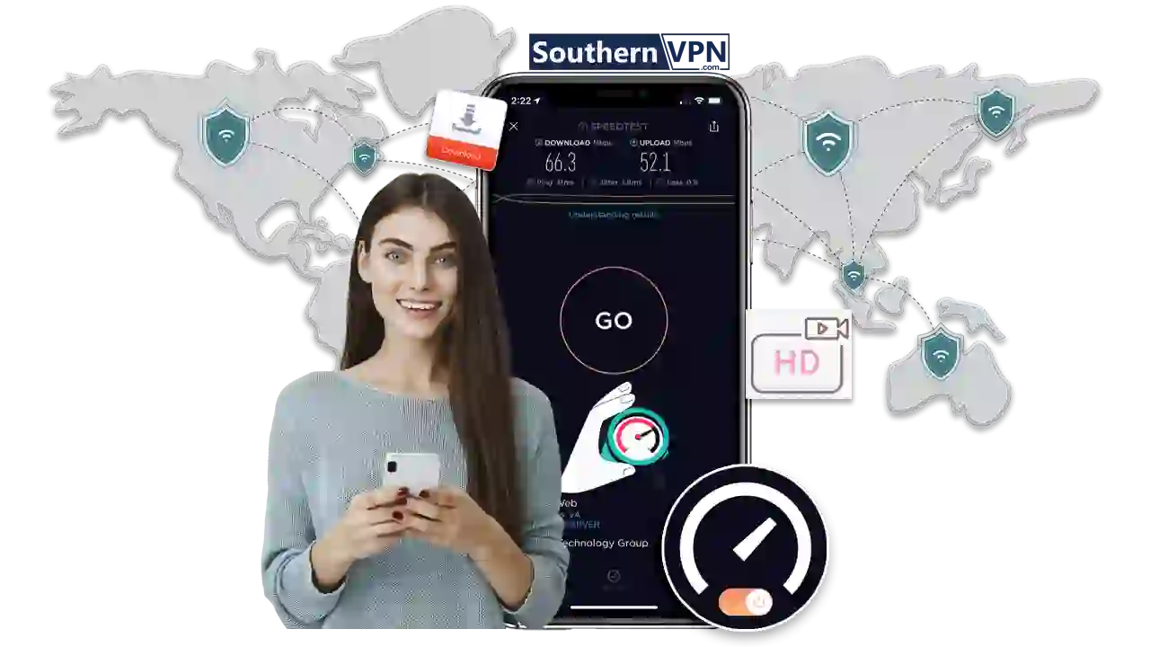 Smiling woman using SouthernVPN, showcasing global speed test results and secure connections across continents. Comprehensive VPN review insights.