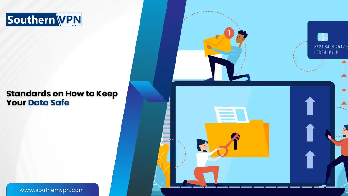 Protect Your Data While Traveling: illustration showing data security measures with SouthernVPN, featuring a laptop and encrypted files.