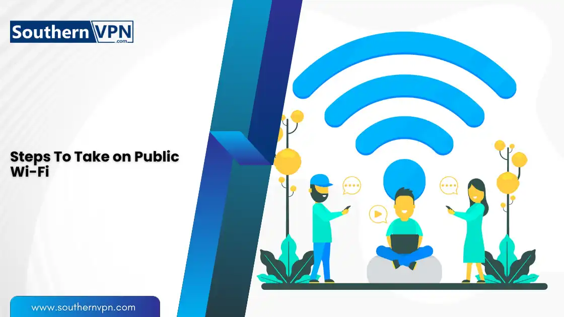 Risks of public WiFi: people using devices under large blue Wi-Fi symbol, demonstrating precautions for using public wireless networks.