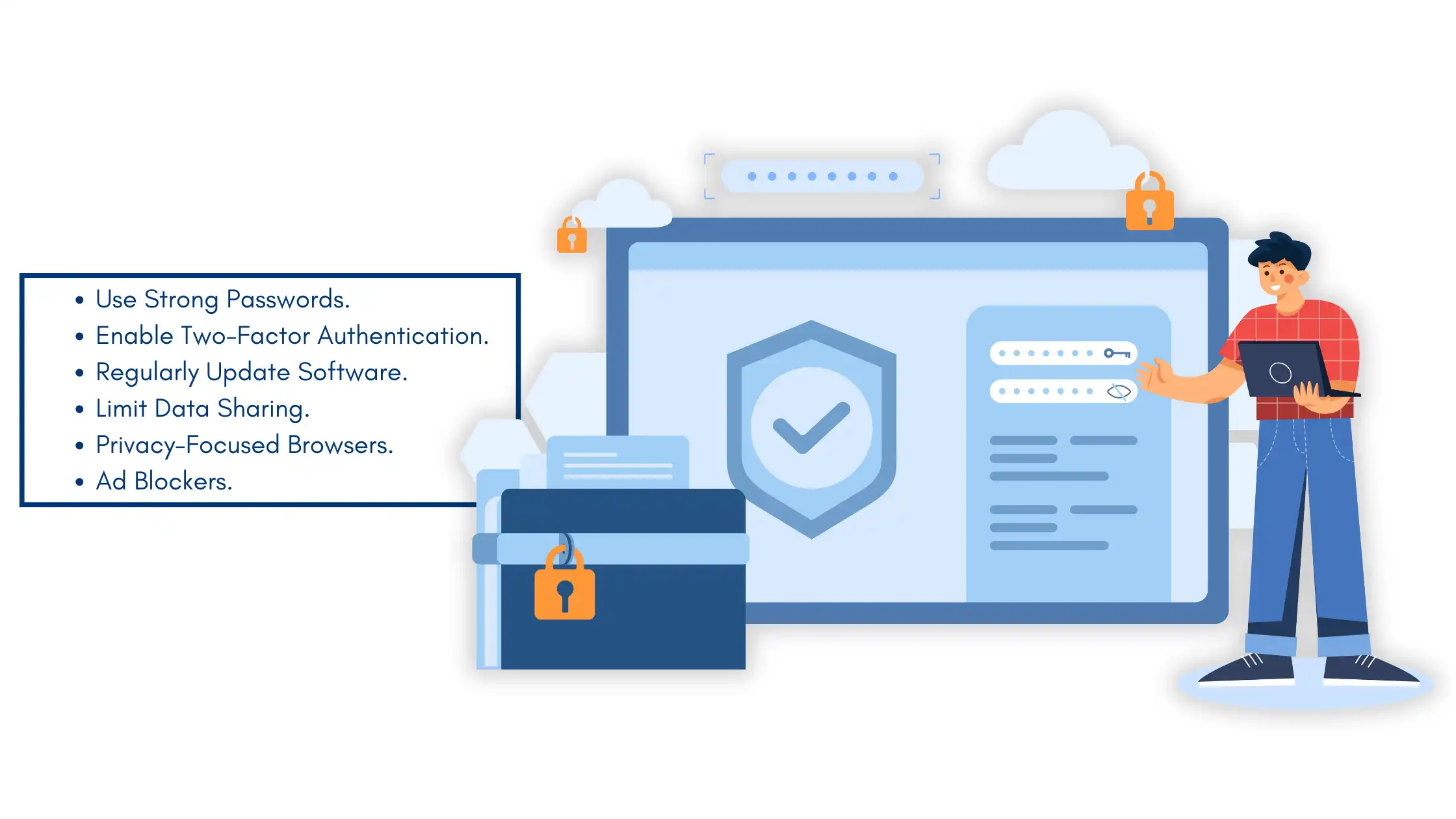 Illustration showing online privacy strategies with a checklist, lock icons, and a person securing their data.