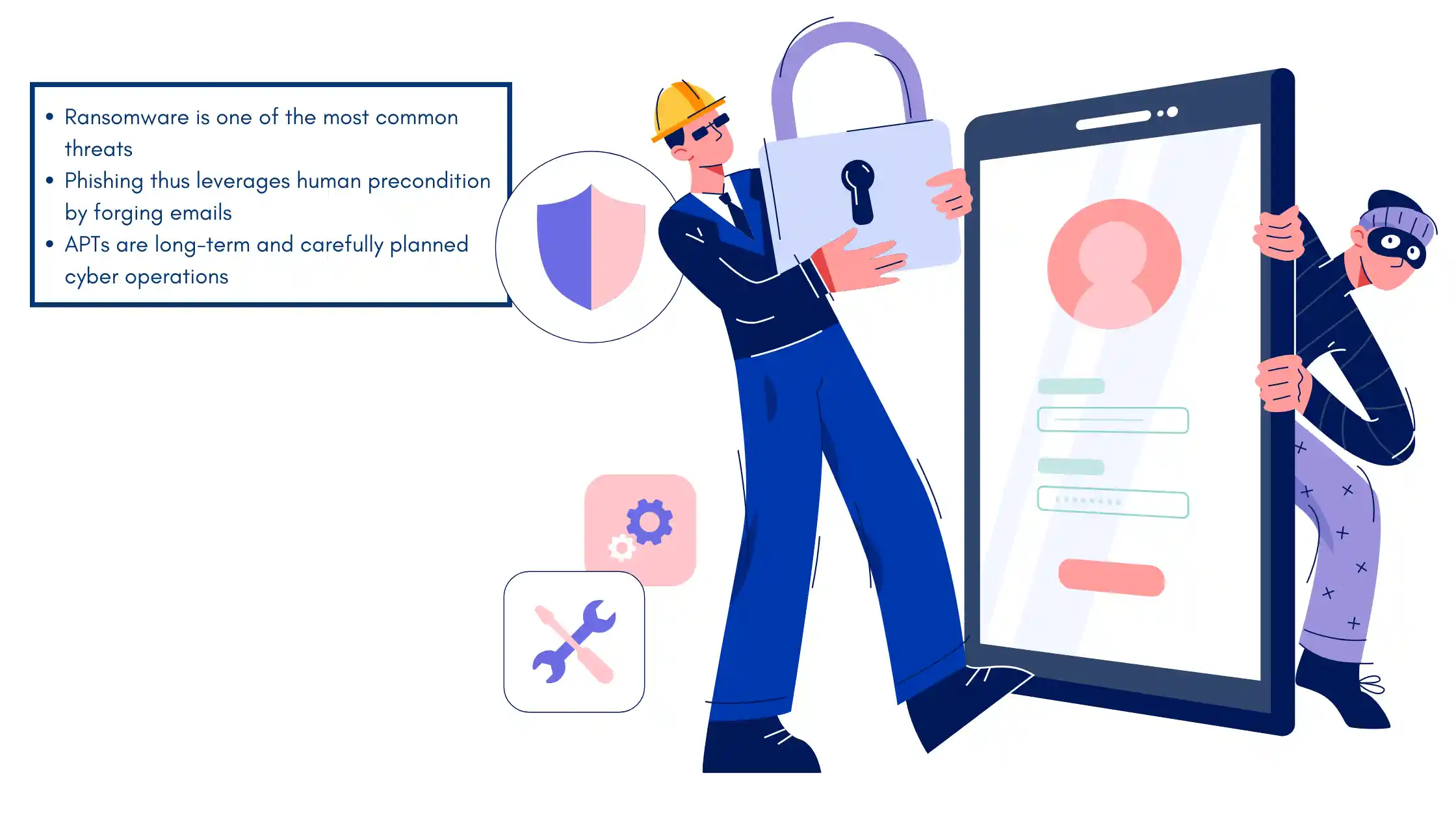 Illustration of cybersecurity threats in the public sector, highlighting ransomware, phishing, and APTs, with a focus on protection.