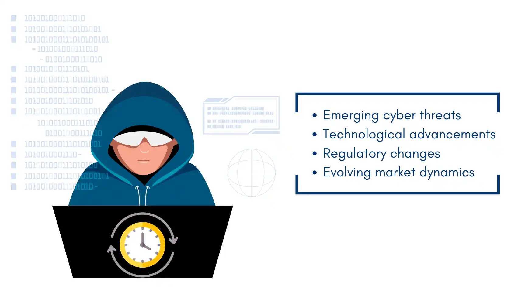 Illustration of a hacker with a laptop highlighting emerging top cybersecurity threats, technological advancements, regulatory changes, and evolving market dynamics.