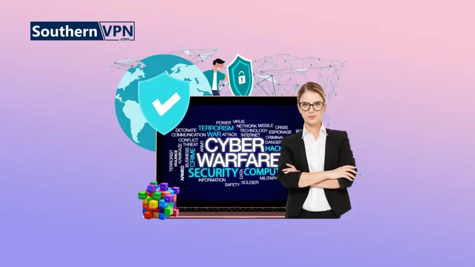 The rise of cyber warfare, featuring security concepts, global networks, and a professional emphasizing protection strategies against cyber threats.