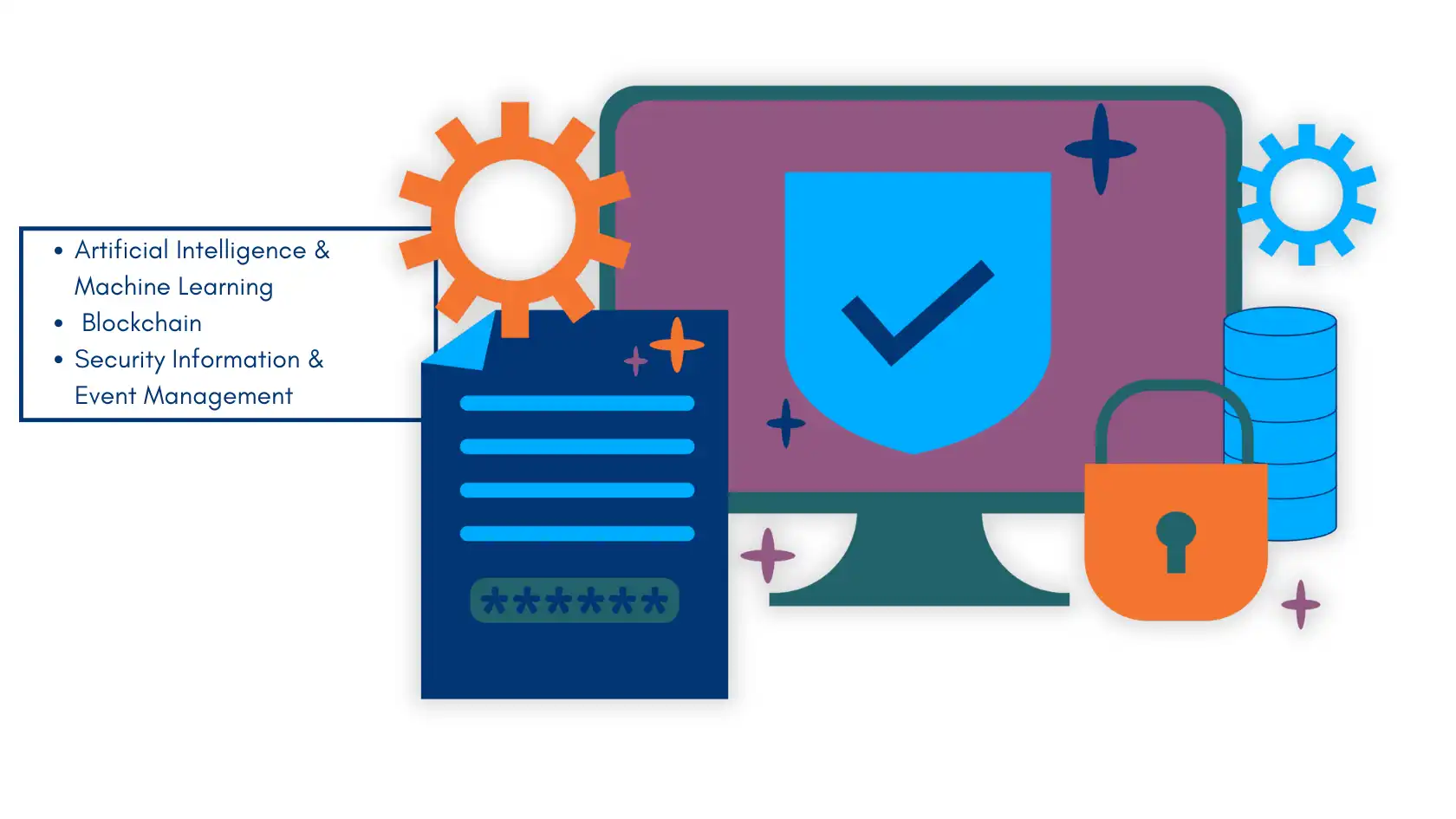 Illustration representing cybersecurity in the financial sector with AI, blockchain, and security management tools.