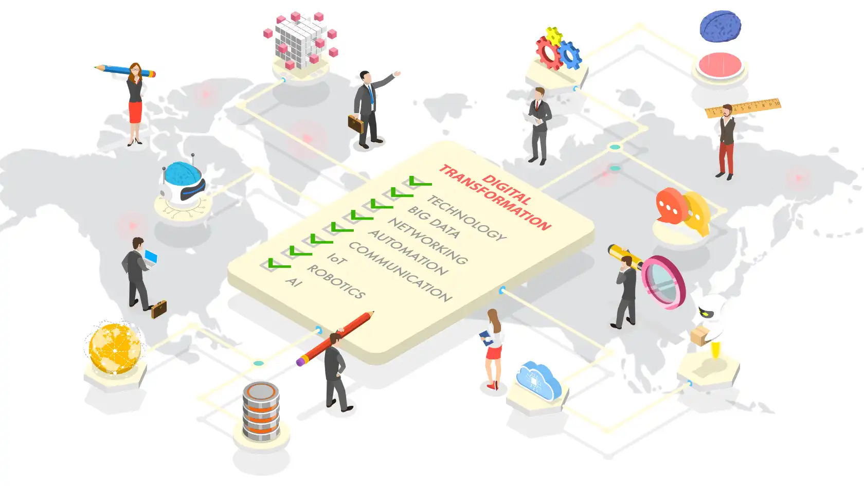 Illustration depicting cybersecurity in the age of digital transformation with elements like AI, big data, networking, and automation.