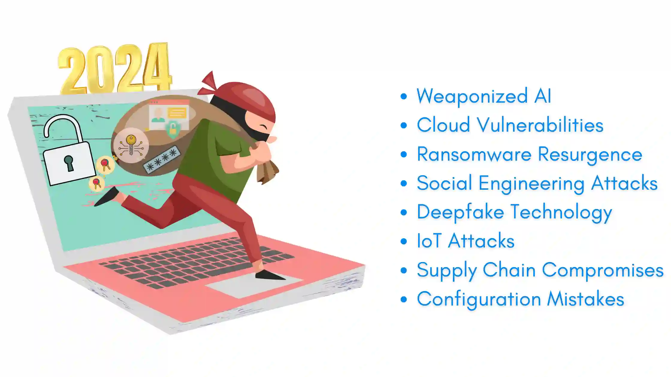 Illustration of a hacker stealing data, highlighting top cybersecurity threats in 2024, including AI, ransomware, and IoT attacks.