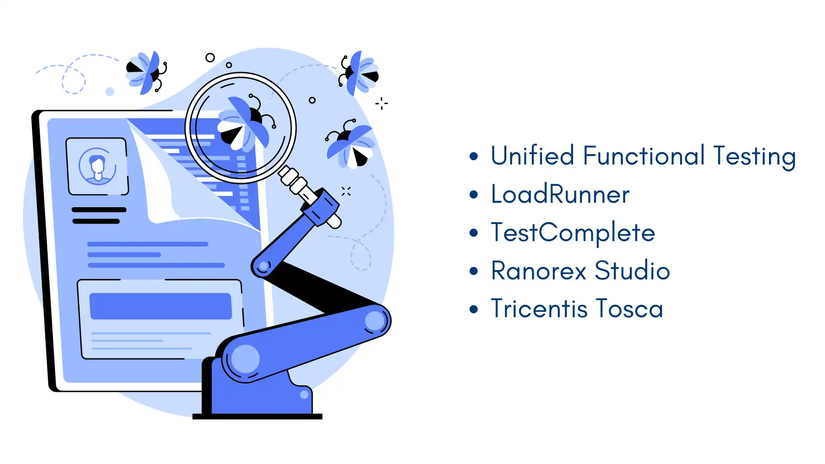 Robotic arm magnifying bugs on a screen, highlighting top tools like LoadRunner and TestComplete for automation testing.