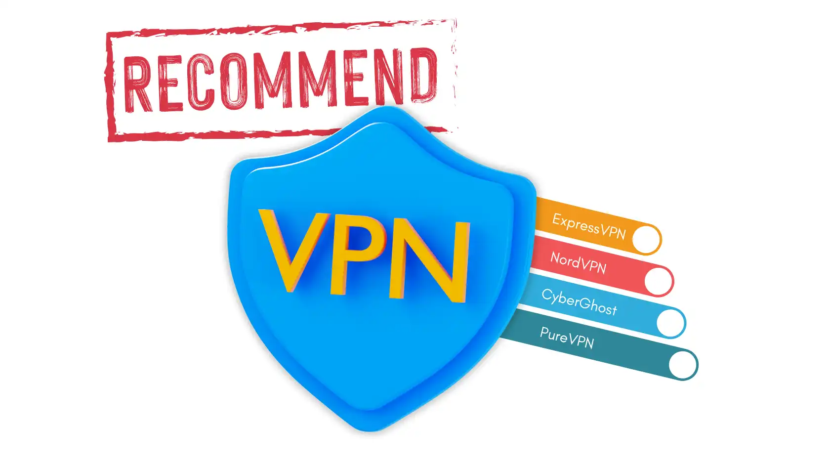 Shield icon labeled VPN with recommended services including ExpressVPN, NordVPN, CyberGhost, and PureVPN. Bypass censorship with a VPN.