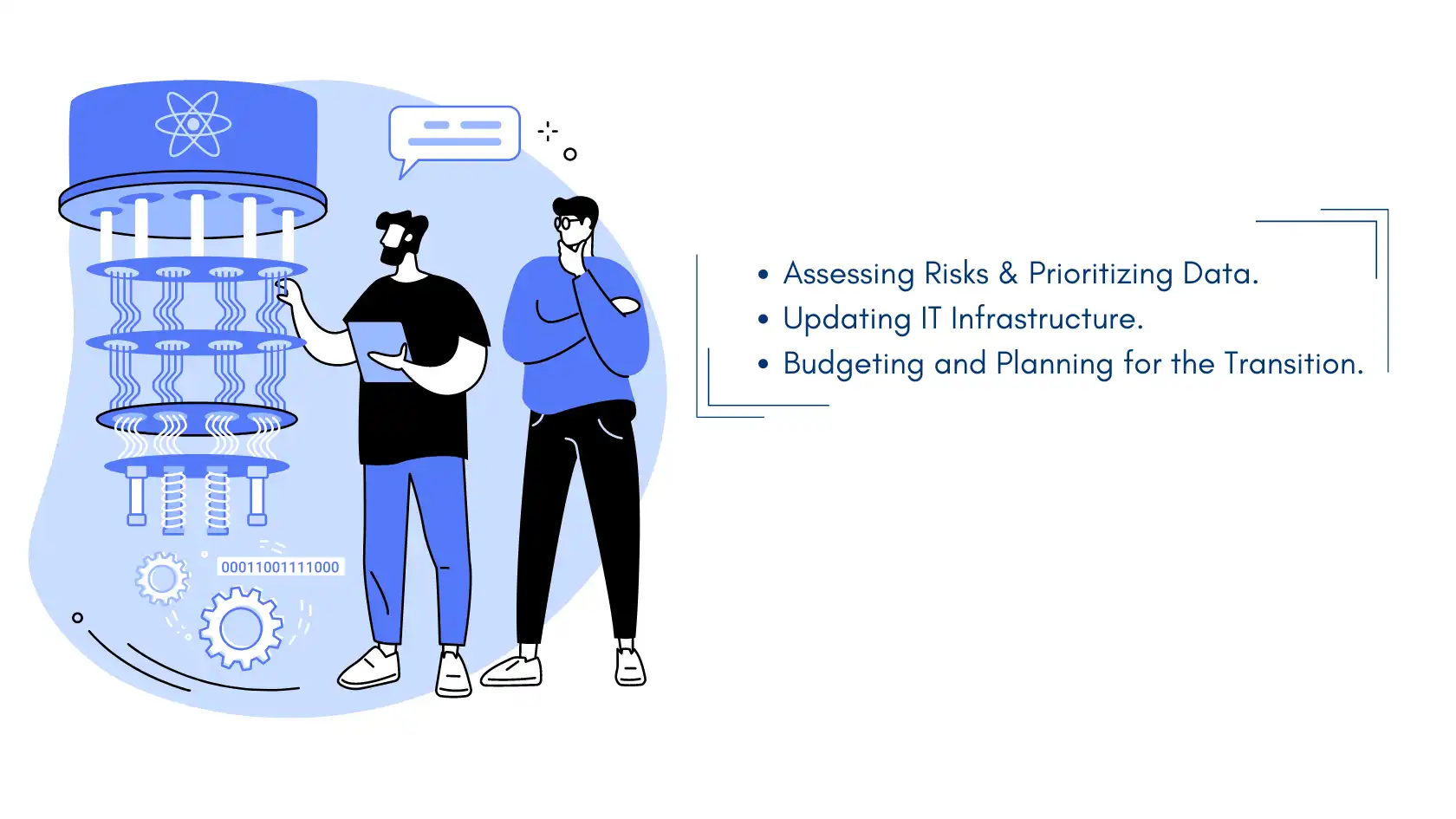 Illustration of two people discussing quantum computing with a quantum device, highlighting IT infrastructure and risk assessment.