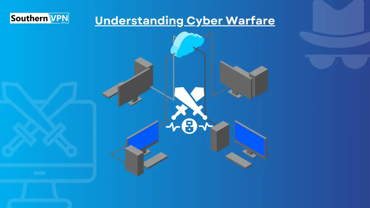 Understanding what is cyber warfare: interconnected computers, cloud, and swords symbolizing digital conflict on a blue background.