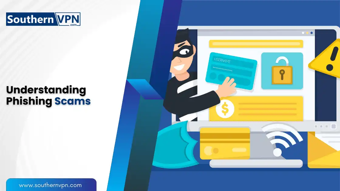 Stay safe from phishing scams: illustration showing a hacker stealing credit card details from a computer screen.