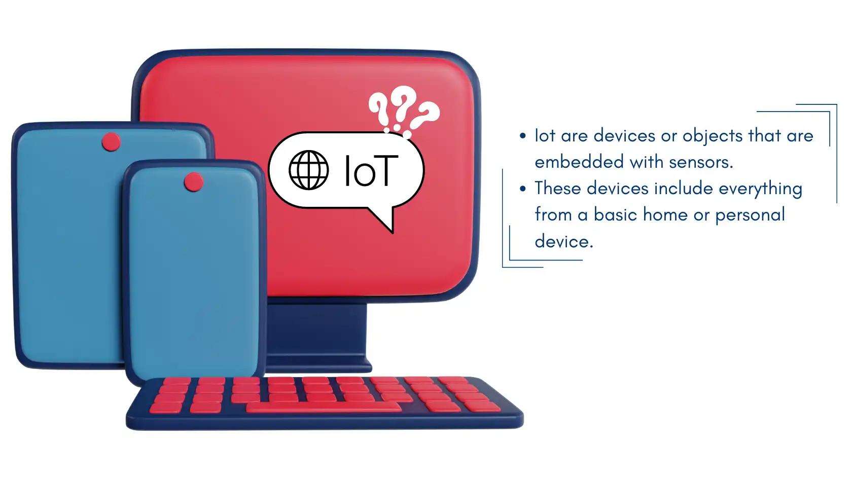 Cybersecurity in IoT visual with a red and blue computer screen displaying IoT, highlighting connected devices embedded with sensors.